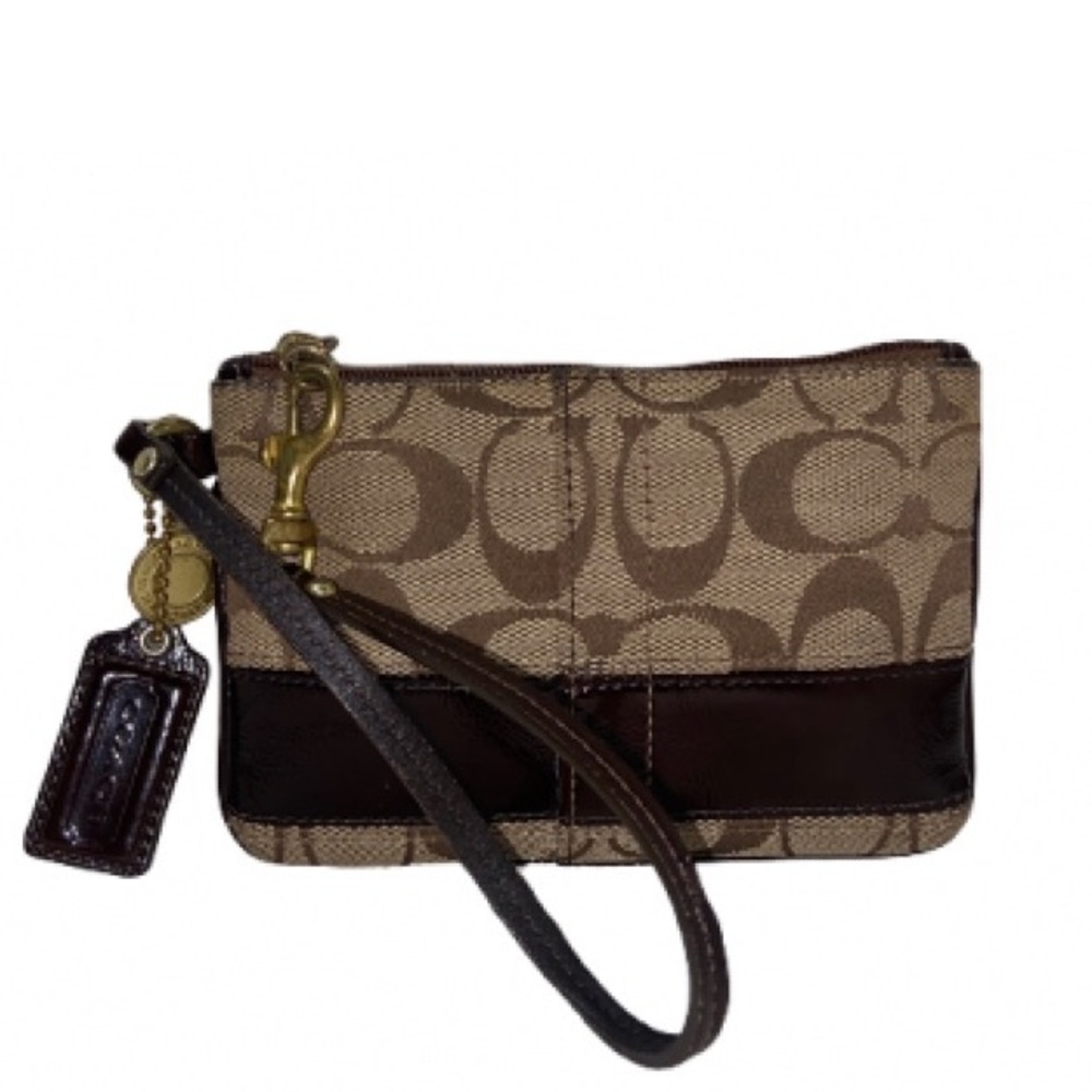 Coach 2008  Canvas Print Wristlet with Brown Trim and legacy interior